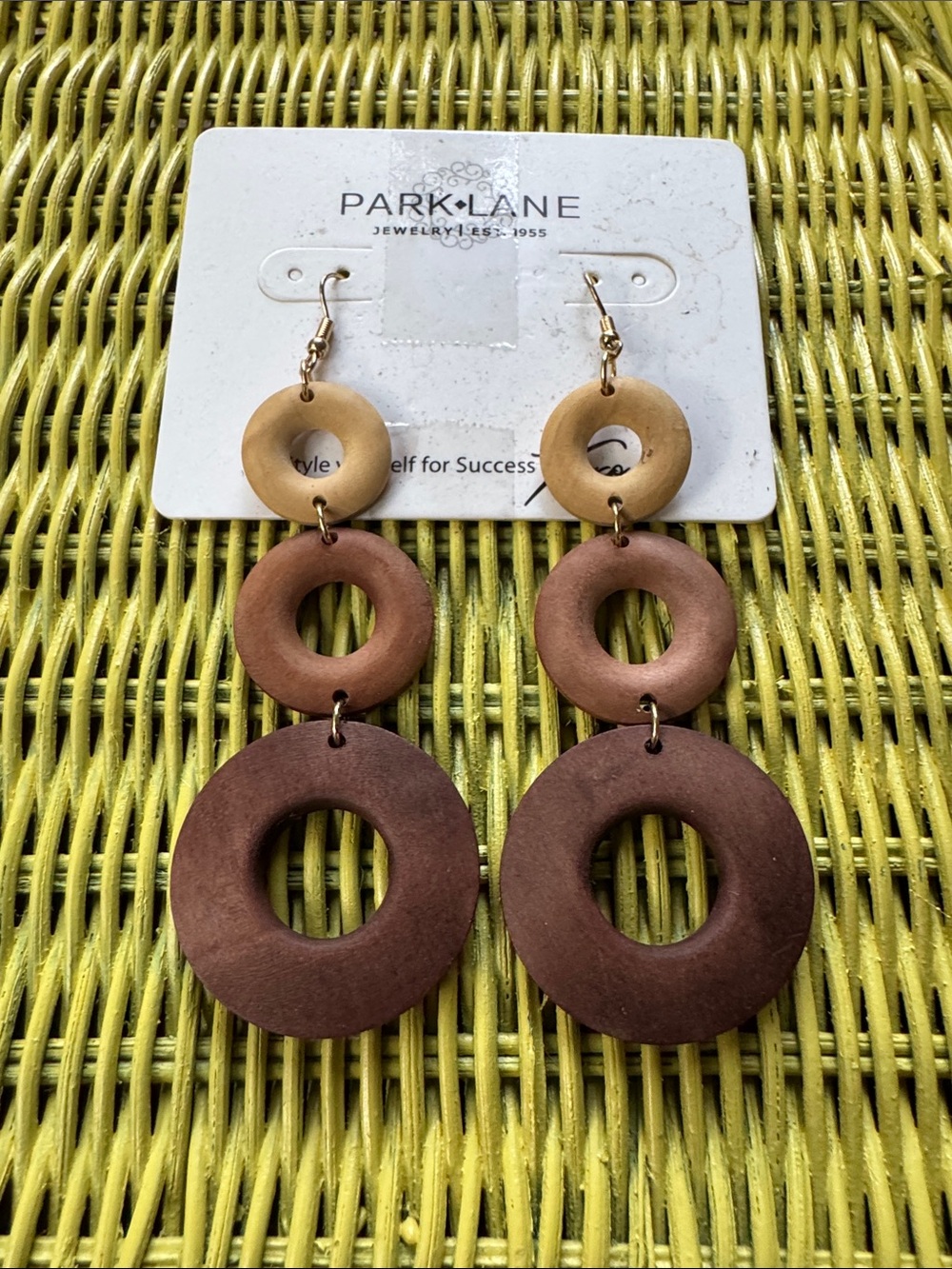 Park Lane Wooden Triple-Disc Dangle Earrings in Beige, Medium Brown, Dark Brown